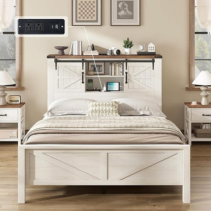 AMERLIFE Farmhouse Full Bed Frame, Rustic Wood Platform Bed Barn Door Storage Bookcase Headboard & Charging Station, Bedroom Furniture, No Box Spring Needed, Antique White