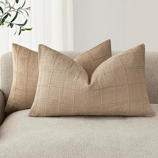 Foindtower Set of 2 Decorative Linen Check Throw Pillow Covers Neutral Farmhouse Lumbar Cushion Covers Modern Coastal Boho Home Decor for Sofa Chair Couch Bedroom Living Room,12×24 Inch,Camel