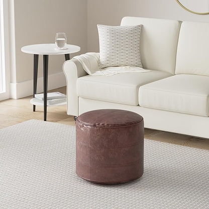 SIMPLIHOME Connor Boho Round Pouf in Distressed Brown Genuine Leather for the Living Room, Bedroom and Kids Room