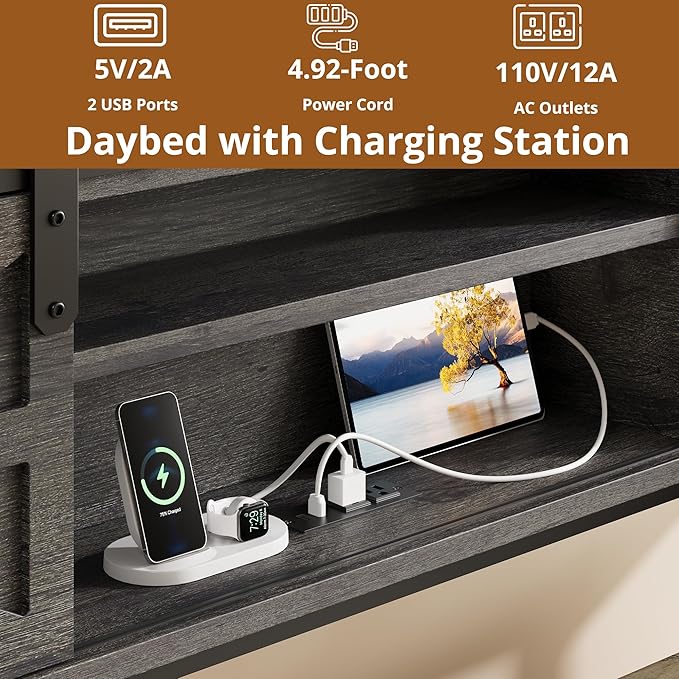 LIKIMIO Daybed with Trundle Bed, Sofa Bed Twin with Charging Station, with Storage Headboard & Strong Support, for Living Room, Bedroom and Guest Room, Charcoal Grey