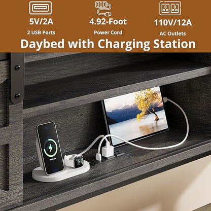 LIKIMIO Daybed with Trundle Bed, Sofa Bed Twin with Charging Station, with Storage Headboard & Strong Support, for Living Room, Bedroom and Guest Room, Charcoal Grey