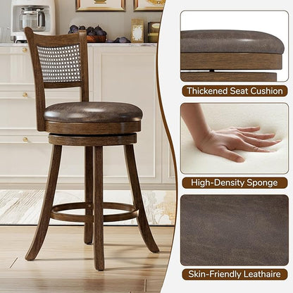 COSTWAY 25” Swivel Counter Height Barstools Set of 4, Rubber Wood Bar Stools with Rattan Backrest, Footrest, Upholstered Leathaire Armless Chairs for Kitchen Island, Pub, Brown (4, 25” Seat Height)