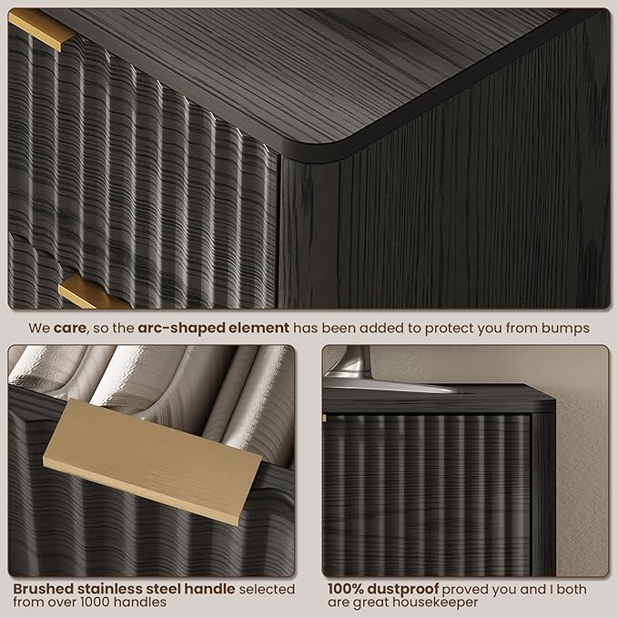 54'' Wide 7 Drawers Dresser for Bedroom,Modern Fluted Vertical Chest with Rounded Corners,Fluted Dresser for Living Room,Hallway, Black