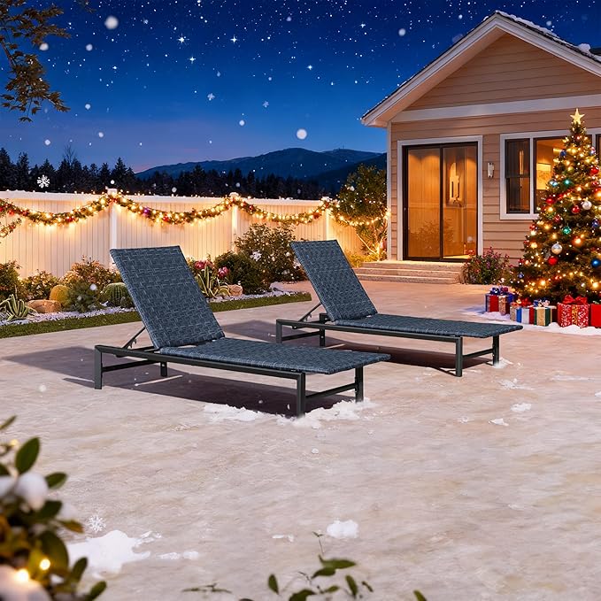 PURPLE LEAF Patio Chaise Lounge Rattan Chair Set of 2 Outdoor Pool Adjustable Recliner Wicker Chairs for Outside Woven Furniture Tanning Poolside Lounger Navy Blue