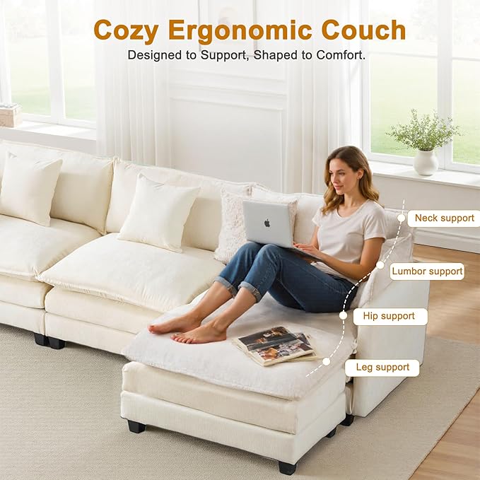 111.4" L-Shaped Cloud Chenille Sectional with Reversible Chaise, Flexible 3+1 Layout for Large Spaces, Deep Seat and Free Pillows Included
