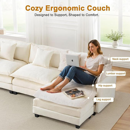 111.4" L-Shaped Cloud Chenille Sectional with Reversible Chaise, Flexible 3+1 Layout for Large Spaces, Deep Seat and Free Pillows Included