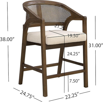Christopher Knight Home Set of 2 Morley Tropical Wooden Counter Stool,Dining Room/Kitchen Island Barstool with footrest, Curved Backrest,Wicker/Cane Accents,Soft Removable Cushions, Beige+Walnut