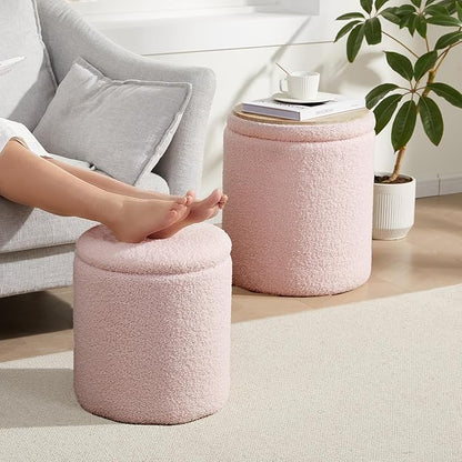 Royal Windsor Boucle Round Ottoman with Storage Set of 2,Small Foot Stool Ottoman for Living Room, Small Coffee Table,Vanity Stool with Storage for Bedroom, Pink
