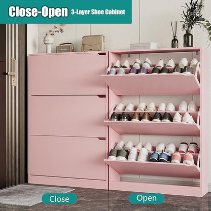 Shoe Storage Cabinet for Entryway with 3 Flip Drawers, Sturdy Wood Hidden Shoe Storage, Freestanding Narrow Slim Shoe Organizer for Front Door Entrance, Living Room, Hallway, Bedroom, Pink