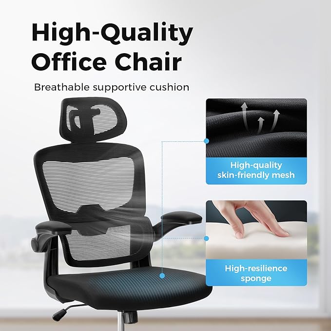 MAISON ARTS Ergonomic Office Chair, Breathable Mesh Computer Chair with Lumbar Support and Flip up Armrests, Black High Back Office Chair Executive Desk Chair with Wheels for Home Office
