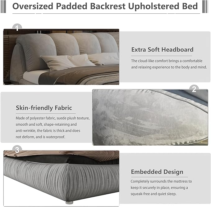 Queen Size Upholstered Platform Bed with Oversized Padded Backrest and Solid Wood Frame for Bedroom, Apartment Room (Grey, Queen (U.S. Standard))
