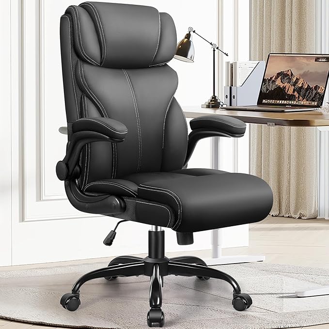 Office Chair, Ergonomic Big and Tall Computer Desk Chairs, Executive Breathable Leather Chair with Adjustable Flip-up Armrests, Lumbar Support Swivel PC Chair with Rocking Function