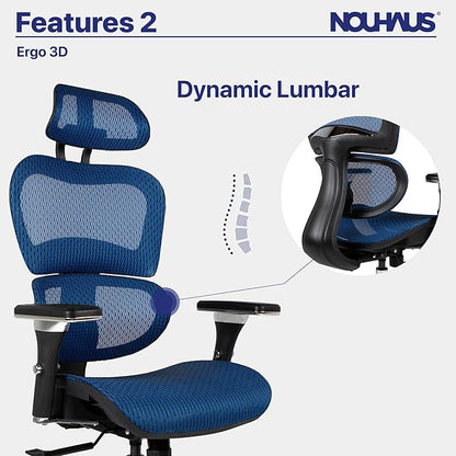 Nouhaus Ergo3D Ergonomic Office Chair Lumbar Support Mesh Office Chair with 4D Adjustable Armrest, Adjustable Headrest and Wheels, Mesh High Back Home Office Desk Chairs(Blue)