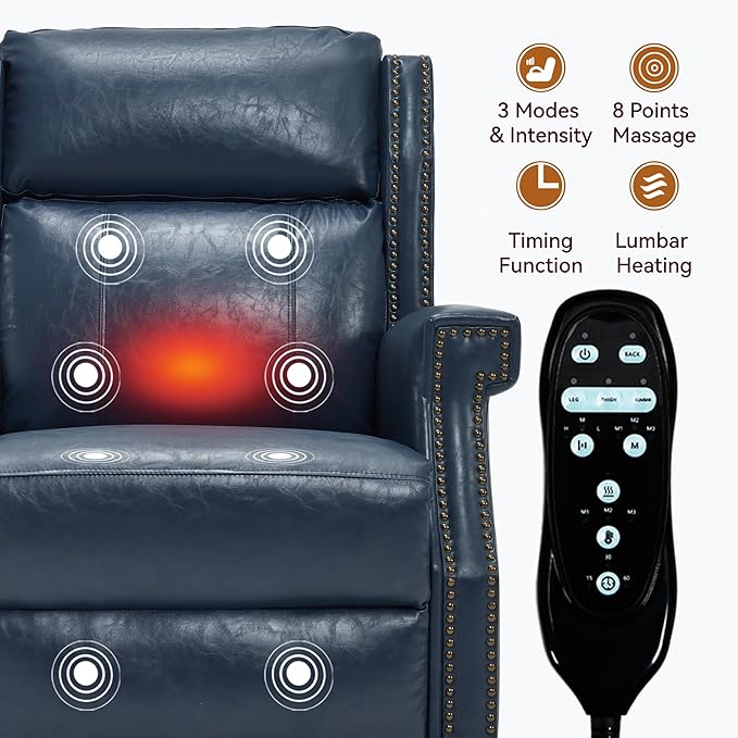 Manual Recliner Chair with Massage & Lumbar Heat, Breathable Leather Reclining Chair for Adults, Humanized Design Easy to Install Living Room Recliners Blue