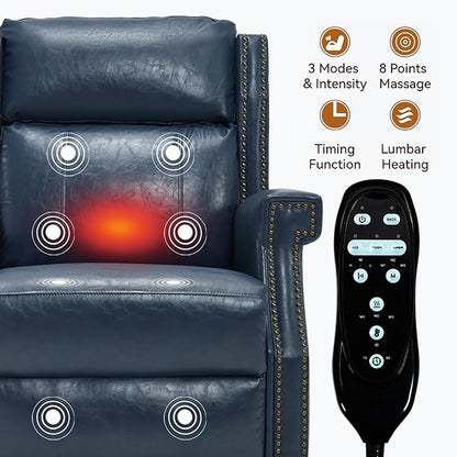 Manual Recliner Chair with Massage & Lumbar Heat, Breathable Leather Reclining Chair for Adults, Humanized Design Easy to Install Living Room Recliners Blue