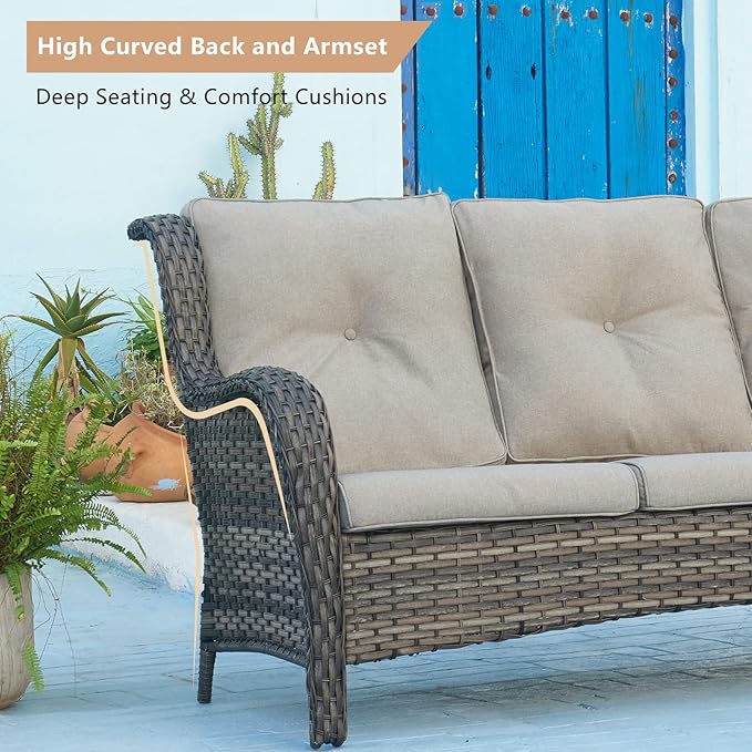 HUMMUH 6 Piece Patio Furniture Set PE Wicker Rattan 3-Seat Outdoor Sectional Sofa with Love Seats,Patio Swivel Chairs,Ottomans Conversation Sets for Garden, Poolside, Backyard