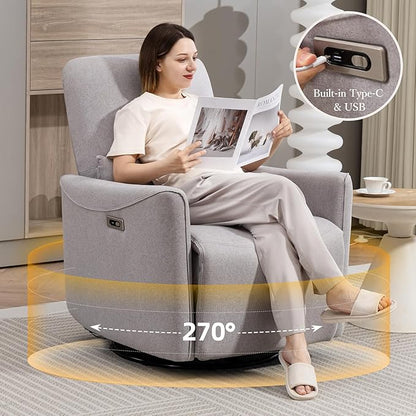 Power Swivel Recliner Chair, Upholstered Fabric Glider Electric Rocking Chair for Adults. Nursery Rocker Single Sofa with Lumbar Support for Living Room. Dual-Port Charging: Type-C&USB, Grey