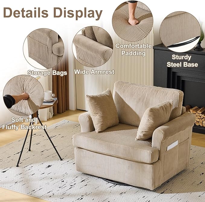 Karl home 39" Swivel Accent Chair,Oversized Seat Armchair W/2 Pillows and 4 Pockets,Modern Upholstered Corduroy Barrel Chairs,Comfy Single Sofa for Living Room,Reading,Bedroom and Office-Khaki