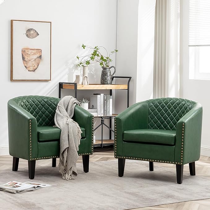 KINWELL 29" W Faux Leather Barrel Chairs Set of 2, Modern PU Upholstered Tufted Club Chairs with Nailhead Trim, Small Armchairs Accent Chairs for Living Room Bedroom Apartment Lounge Nursery, Green