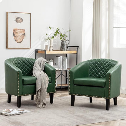 KINWELL 29" W Faux Leather Barrel Chairs Set of 2, Modern PU Upholstered Tufted Club Chairs with Nailhead Trim, Small Armchairs Accent Chairs for Living Room Bedroom Apartment Lounge Nursery, Green