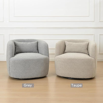 KINWELL 34" Wide Sherpa Swivel Barrel Chair, No Assembly Round Boucle Upholstered Accent Chair Armchair Single Sofa Chair with Toss Pillow for Living Room and Bedroom, Gray