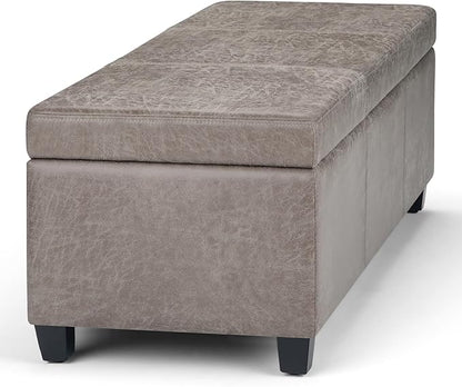 SIMPLIHOME Avalon 48 inch Wide Contemporary Rectangle Storage Ottoman Bench in Distressed Grey Taupe Vegan Faux Leather, Assembled, for the Living Room, Entryway and Family Room