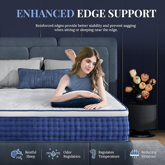 Full Size Mattress, 14 Inch Full Hybrid Mattress in a Box, Medium Feel Foam and Individual Pocket Springs, Extra Edge Support, Pressure Relief, CertiPUR-US, Blue