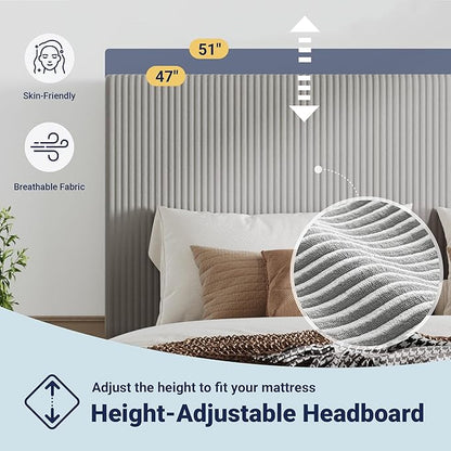 Allewie Full Size Upholstered Bed Frame with Vertical Channel Tufted Headboard, Soft Corduroy Fabric Platform Bed, Strong Wooden Slats Support, Easy Assembly, No Box Spring Needed, Light Grey