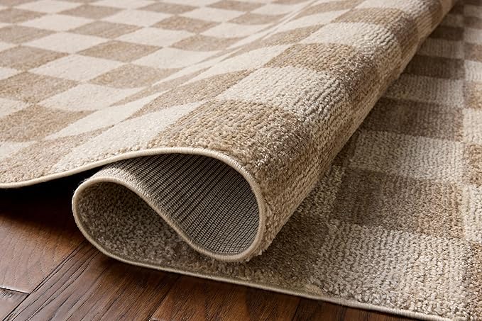 Loloi Chris Loves Julia Calvin Collection CLV-01 Pebble/Ivory 5'-3" x 5'-3" Round Area Rug Checkered Neutral Soft Living Room Bedroom Carpet