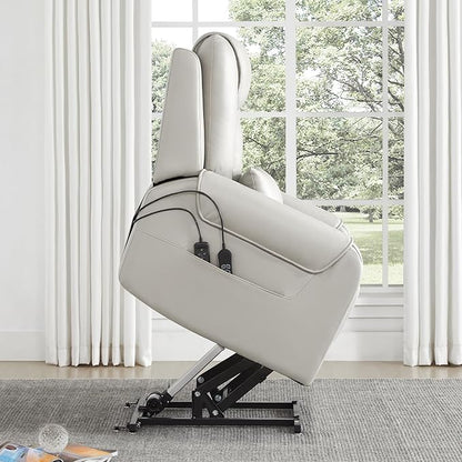 CHITA Electric Power Lift Recliner Chair for Elderly with Massage and Heat, Large Lay Flat Genuine Leather Recliner Chair with Cup Holders, USB Ports, Power Headrest, Independent Backrest, Light Gray