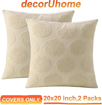decorUhome Decorative Beige Pumpkin Thanksgiving Throw Pillow Covers 20x20 Set of 2, Soft Chenille Jacquard Farmhouse Textured Pillow Covers for Couch Bed Sofa Autumn Harvest Halloween Holiday