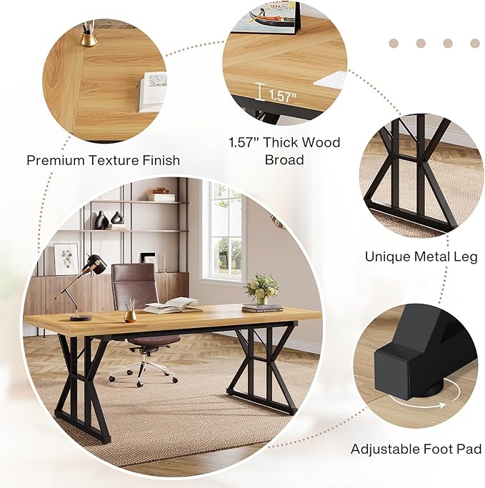 Tribesigns 70.86-Inch Large Executive Desk, Industrial Home Office Computer Desk, Simple Long Writing Study Table Business Furniture (Light Walnut/Black)