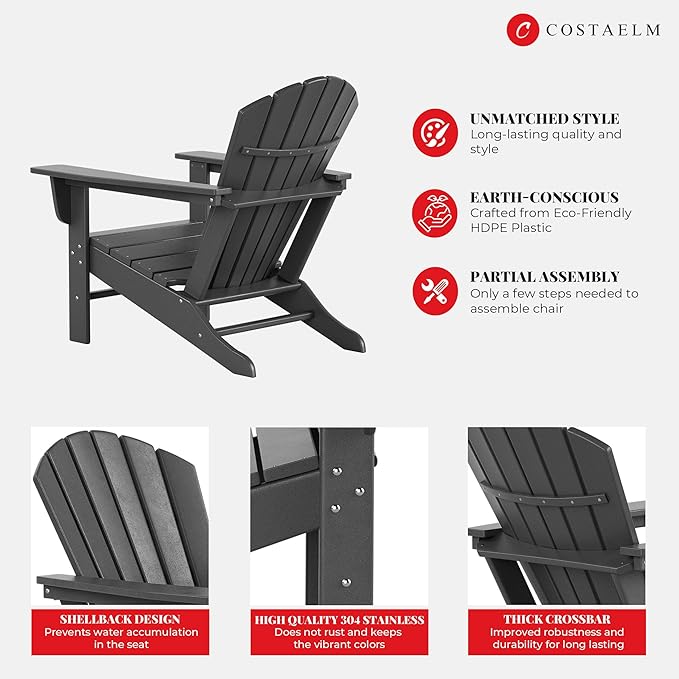 Costaelm Outdoor Adirondack Chair, HDPE Patio Chair, Weather Resistant Lawn Firepit Outside Chairs for Porch, Poolside, Garden, Backyard Deck, Gray