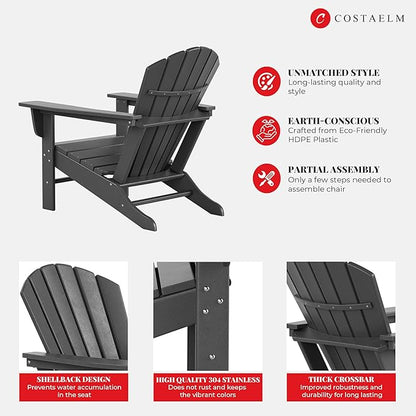 Costaelm Outdoor Adirondack Chair, HDPE Patio Chair, Weather Resistant Lawn Firepit Outside Chairs for Porch, Poolside, Garden, Backyard Deck, Gray