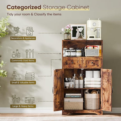 SUPER DEAL Farmhouse Storage Cabinet, Bathroom Floor Cabinet Kitchen Pantry with Doors and Drawers, Hutch Cupboard for Laundry, Living Room, Bedroom, Rustic Brown