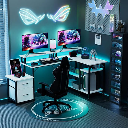 YOUNGAR Office Desk L Shape with File Drawers&Power Outlet, 69.3 Inch Reversible L Shaped Computer Desks,Corner L Shape or Long Desk Set up, Monitor Stand &Storage Shelves,LED Lights&CPU Stand,White