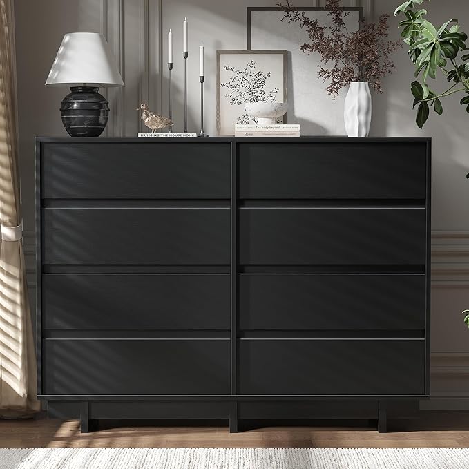 Black Dresser for Bedroom, 53.1" Wide 8 Drawer Dresser, Mid Century Modern Dressers Chest of Drawers, Wooden Large Dressers for Bedroom, Closet