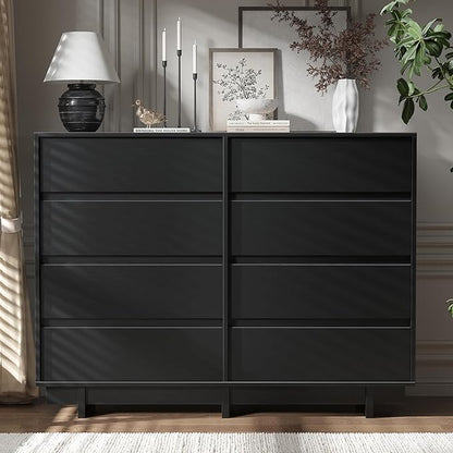 Black Dresser for Bedroom, 53.1" Wide 8 Drawer Dresser, Mid Century Modern Dressers Chest of Drawers, Wooden Large Dressers for Bedroom, Closet