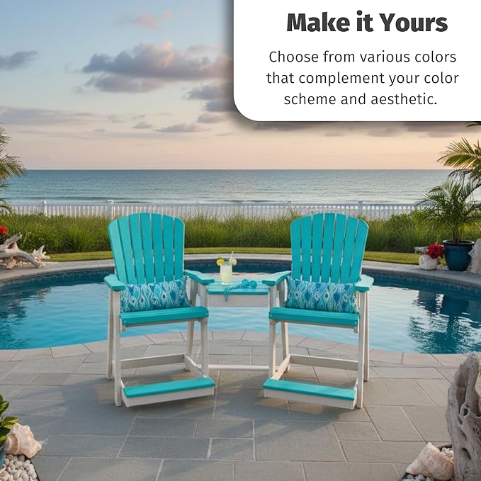 DutchCrafters Plastic Poly Outdoor Bistro Set with 2 Chairs and Attached Center Table, 3 Piece Patio Furniture Set - Amish Made in USA (White & Aruba Blue)