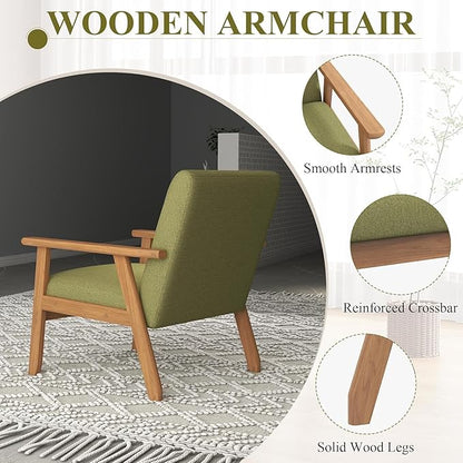 Westice Accent Chair 1PC, Mid-Century Modern Living Room Chairs with Solid Wood Frame & Soft Thicken Cushion, Upholstered Reading Arm Chair for Bedroom, Balcony, Green Linen Fabric & Natural Legs