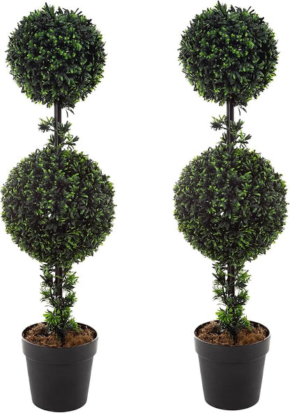 Set of 2 Topiary Trees - 36-Inch Double Ball Podocarpus Fake Plants - Realistic Indoor or Outdoor Potted Faux Plants for Home Decor by Pure Garden