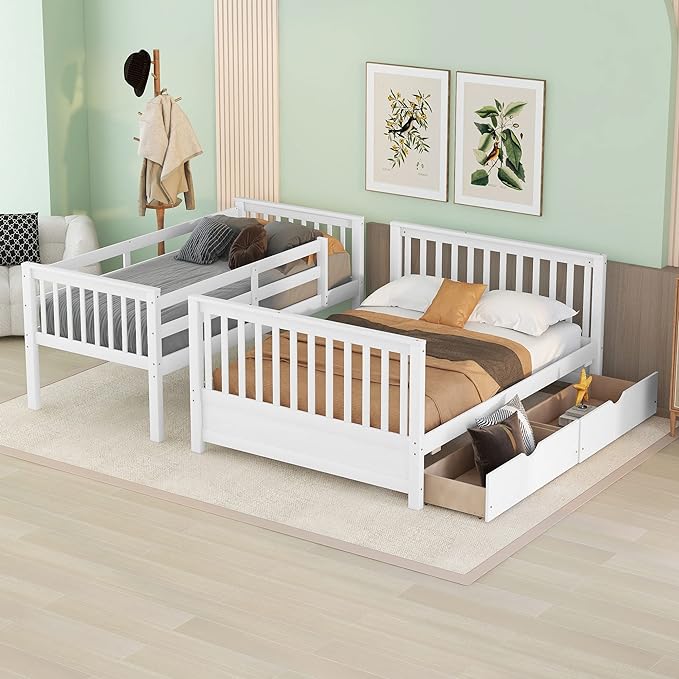 Merax Wood Bunk Bed with Drawers,Convertible Wood Bunk Bed with Ladders and Two Storage Drawers,Solid Wood Detachable Bed Frame with Ladders,Twin Over Full Size,White