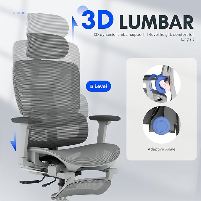 FLEXISPOT ErgoX Premium Ergonomic Office Chair with Footrest- Adjustable 3D Armrests, Dynamic Lumbar Support, Recline & Tilt Function, Mesh Seat, for Home & Office Use,Light Grey