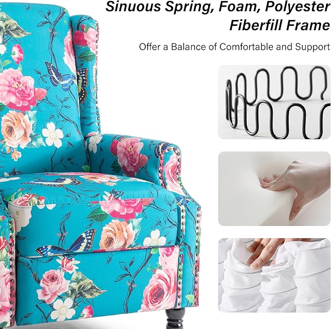 Recliner Chair, Upholstered Wingback Floral Pushback Armchair with Adjustable Backrest & Footrest, Comfy Accent Chair Reading Single Sofa for Small Spaces, Living Room, Bedroom (Peacock, Set of 1)