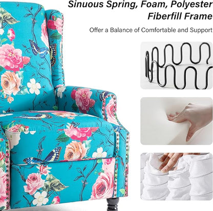 Recliner Chair, Upholstered Wingback Floral Pushback Armchair with Adjustable Backrest & Footrest, Comfy Accent Chair Reading Single Sofa for Small Spaces, Living Room, Bedroom (Peacock, Set of 1)