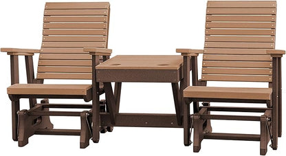 DutchCrafters Modern Horizontal Slat High Back Poly Double Glider Chairs with Center Table Outdoor Patio Furniture (Tudor Brown & Cedar)