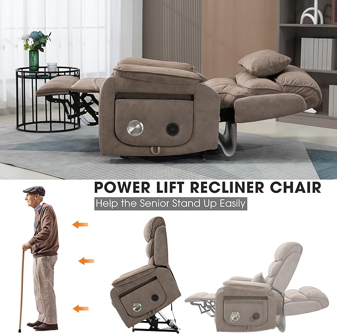 Lift Chair Lay Flat Recliner Heat Massage Dual Motor Infinite Position Power Recliners with Left Side Tray Table-Wireless Charger,Cup Holder