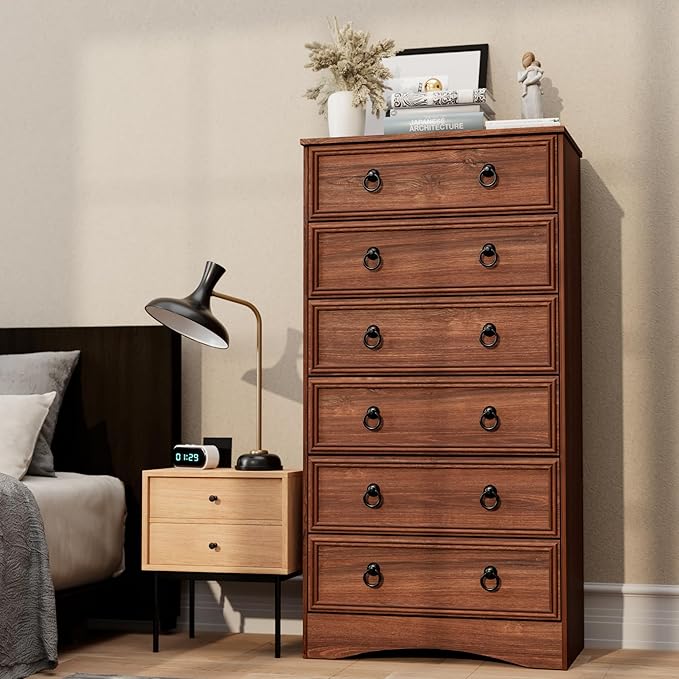 6 Drawer Dresser 52" Tall for Bedroom, Wood 6 Chest Drawers, Storage for Clothes, Narrow Large Drawers, Taupe Vintage, for Living Room, Bedroom, Hallway, Cherry Wood