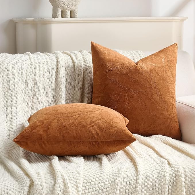 FUTEI Rust Velvet Throw Pillow Covers 16x16 Inch Set of 2,Soft Embossed Leaf-Relief Textured Cushion Cases,Natural Home Decor for Couch Living Room