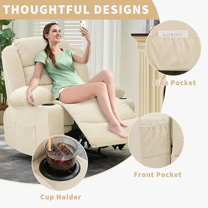 Large Recliner Chair for Adults Overstuffed Fabric Manual Pull Tab Recliner with Cup Holders, Side Pocket, 3-Position Recline, Minimalist Style Single Sofa Chair for Living Room Bedroom, Beige